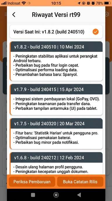 Tampilan riwayat versi rt99